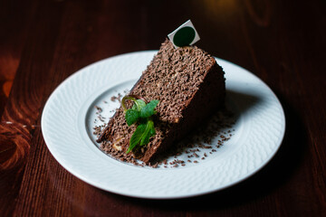 Chocolate dessert decorated with mint. Piece of cake. Restaurant menu design concept.