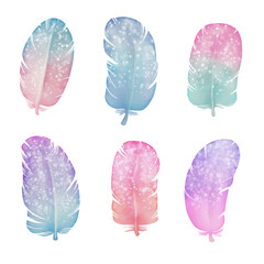 Set of hand drawn pastel gradient watercolor feathers. with glitter isolated at white background.