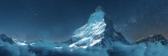 panoramic view to the majestic Matterhorn mountain at night with milky way