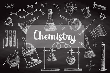 Set of different pharmaceutical flasks, beakers and test tubes. Sketch of chemical laboratory objects on a chalk board. - 489282267