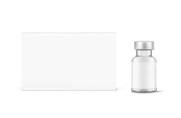 Transparent glass bottle for injections mockup near the cardboard box. Vector illustration. Can be use for medicine, cosmetic and other. EPS10.	