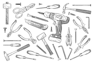 Set of various construction tools in sketch style. Vector illustration - obrazy, fototapety, plakaty