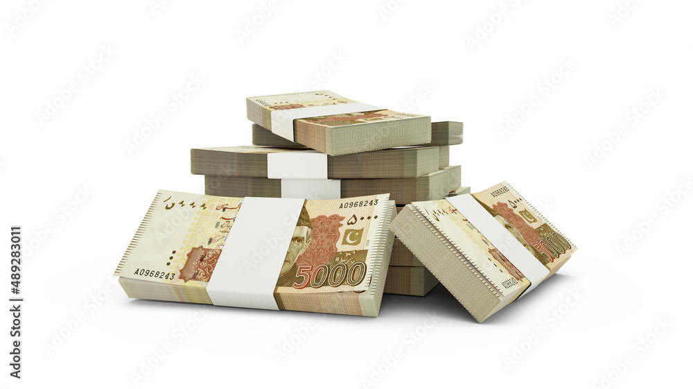 Poster 3d rendering of stack of 5000 pakistani rupee notes. bundles of pakistani currency notes isolated on