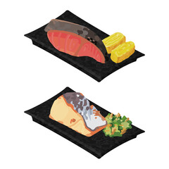 イラスト素材：美味しいおかずの皿　焼き魚セット