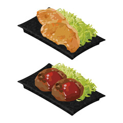 イラスト素材：美味しいおかずの皿　肉料理セット