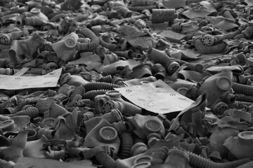 Gas masks litter the floor of a school in Pripyat, Chernobyl, Ukraine