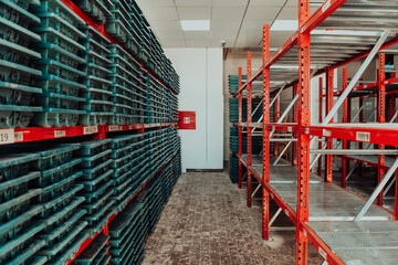 Gold mining storage rock core samples geology drilling industy. Large ore warehouse in modern industry, ores stacked in boxes. Selective focus 