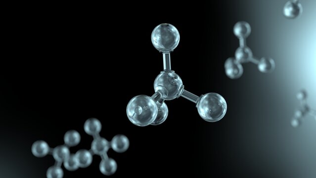 Molecular structure of crystal atom under black-blue background. Concept image of vaccine development, regenerative and advanced medicine. 3D illustration. 