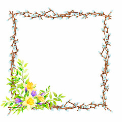 A square frame made of willow branches with colorful Easter eggs. Natural decoration. Design for greeting cards, invitations, labels, posters, textiles with place for text..