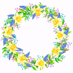 Fototapeta na wymiar Wreath of spring flowers. Natural decoration. For the design of greeting cards, wedding invitations, birthday, mother's day, for posters, textiles, labels, logo with place for text.