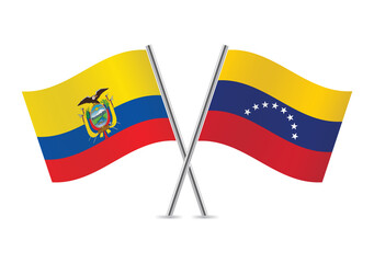 Ecuador and Venezuela crossed flags. Ecuadoran and Venezuelan flags, isolated on white background. Vector icon set. Vector illustration.