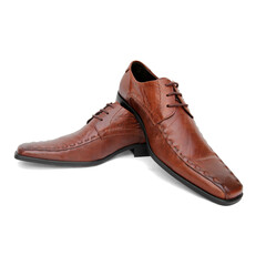 Male brown leather shoes on white background, isolated product.