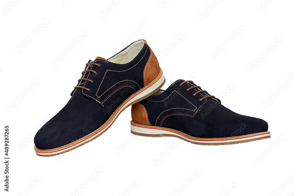 Wall mural Male blue leather shoes on white background, isolated product.