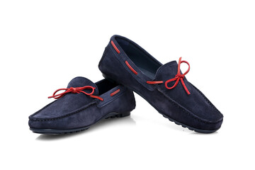 Male blue leather shoes on white background, isolated product.