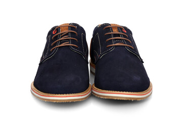 Male blue leather shoes on white background, isolated product.