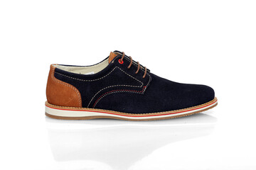 Male blue leather shoes on white background, isolated product.