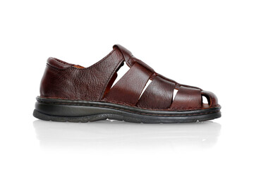 Male brown sandal on white background, isolated product, top view studio.