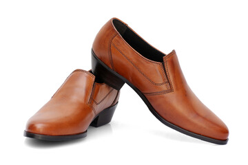 Male brown leather shoes on white background, isolated product.