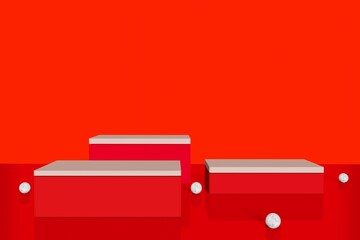 pedestal display with cubes and abstract red color background with box support concept. Podium for brand promotion products, realistic 3d digital rendering
