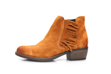 Female brown leather boots on white background, isolated product.