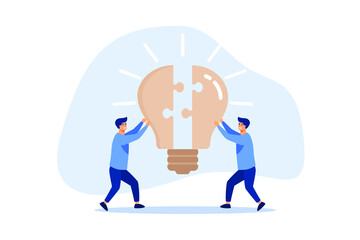 Teamwork or partnership for business success, innovation or creativity to solve problem, brainstorm or connect idea concept, businessman team members partner connect lightbulb jigsaw puzzle together.