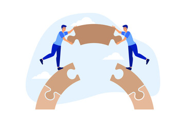 Business teamwork and partnership help to achieve team success, think together to solve business problem, business connection concept, businessmen working team building connect jigsaw puzzle bridge.