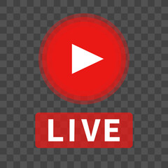 Live logo and play button isolated on transparent background. Live TV and social media broadcast. Vector.