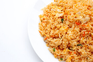 Fried rice in white plate on white background.