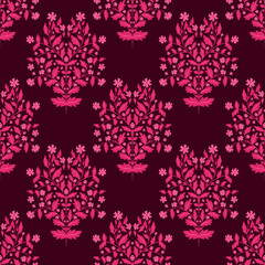 Pink abstract flower repeating damask pattern on dark background