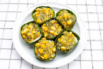 Thai dessert coconut pudding with tapioca pearl or sago and corn