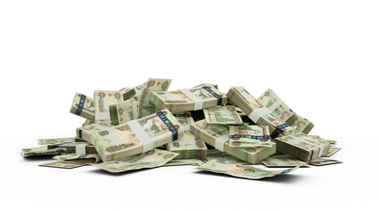 3D rendering of stacks of 1000 United Arab Emirates dirham notes isolated of white background