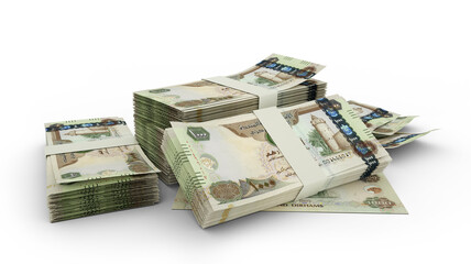 3d rendering of Stack of 1000 United Arab Emirates dirham notes. bundles of UAE currency notes isolated on white background - obrazy, fototapety, plakaty
