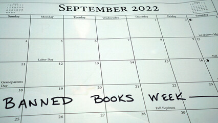 Calendar marked for Banned Books Week in September. Banned Books Week is an annual event celebrating the freedom to read. 