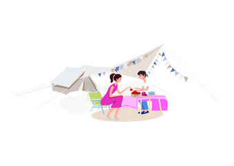 Vector illustration of young people sitting under the tent