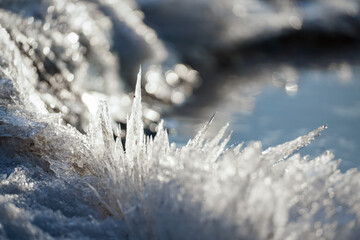 Ice crystals close up selective focus, blurred background