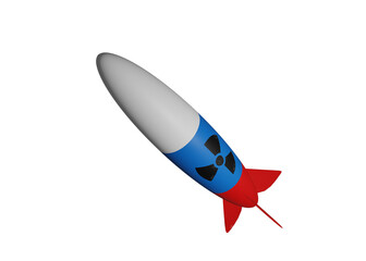 Rocket with russian flag paint and nuclear danger sign. Russian Nuclear weapon abstract concept, 3D rendered illustration.