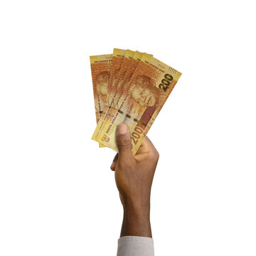 Black Hand holding 3D rendered 200 South African rand notes