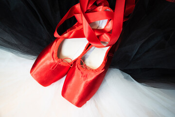 Red ballet pointe shoes set on top of a black and white tutu. 