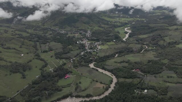 High aerial tilt follows Huancabamba River flowing in rich Peru valley