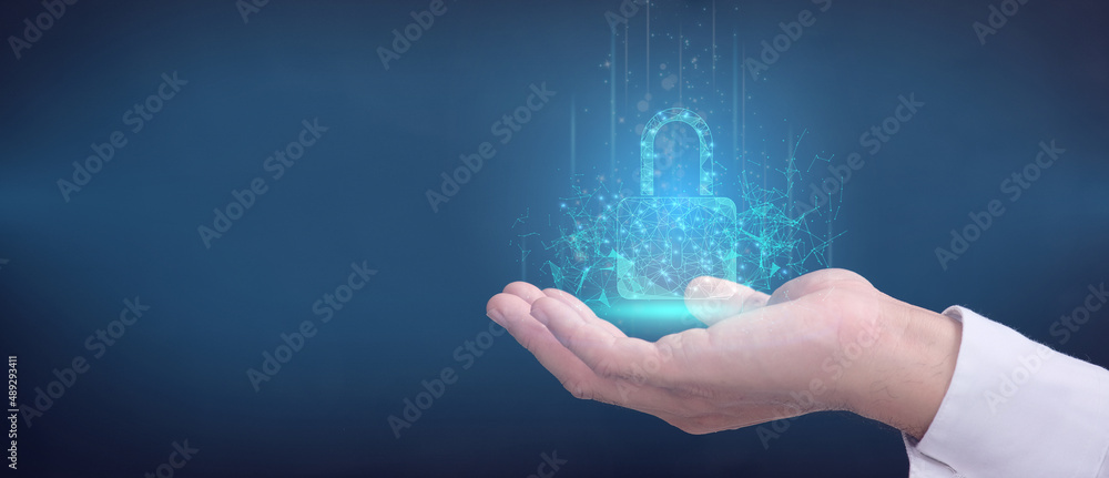 Poster double exposure of set up a network connection using shield guard. the padlock of personal data secu