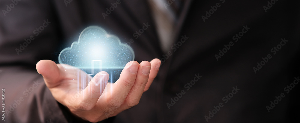 Poster double exposure connecting a cloud computing service to a consumer network connection icon online st