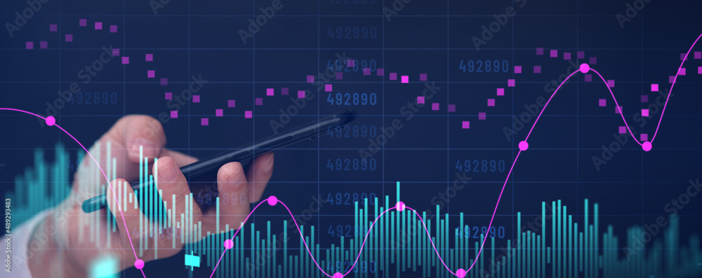 Poster double exposure of a businessman's hands typing on a computer and a hologram drawing of a currency c
