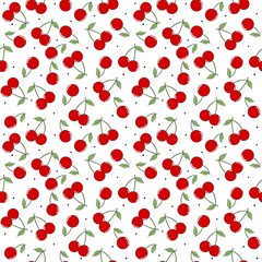 Red cherry berry with green leaf isolated on white background. Seamless pattern.