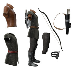 Fantasy adventure clothing on isolated back white background, 3D illustration, 3D rendering