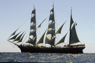 Port side of the tall ship Star Of India as it sails downwind off the coast of San Diego, California