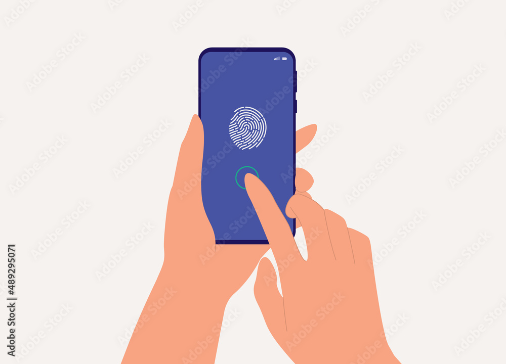 Poster close-up view of user's hand scanning fingerprint on smartphone to unlock the phone.