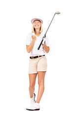 Yes I knew I could make that putt. Full length studio shot of an attractive female golfer celebrating a great shot isolated on white.