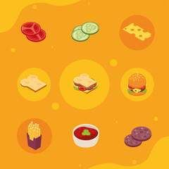 nine isometric fast food icons