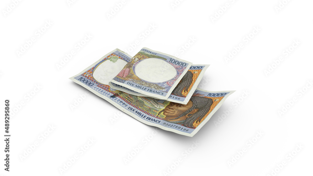 Poster 3d rendering of double 10000 central african cfa franc notes with shadows