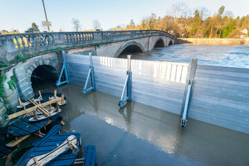 Flood barriers and leaking water next to Bewdley Bridge,Worcestershire,England,UK.